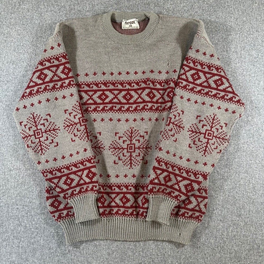 Nanook Vintage Wool Fair Isle Sweater Mens Large Grey Red Snowflake Canada Knit